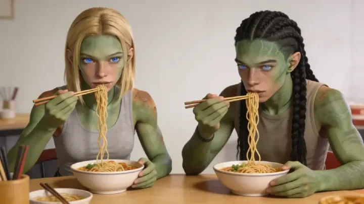 AI characters eating noodles together