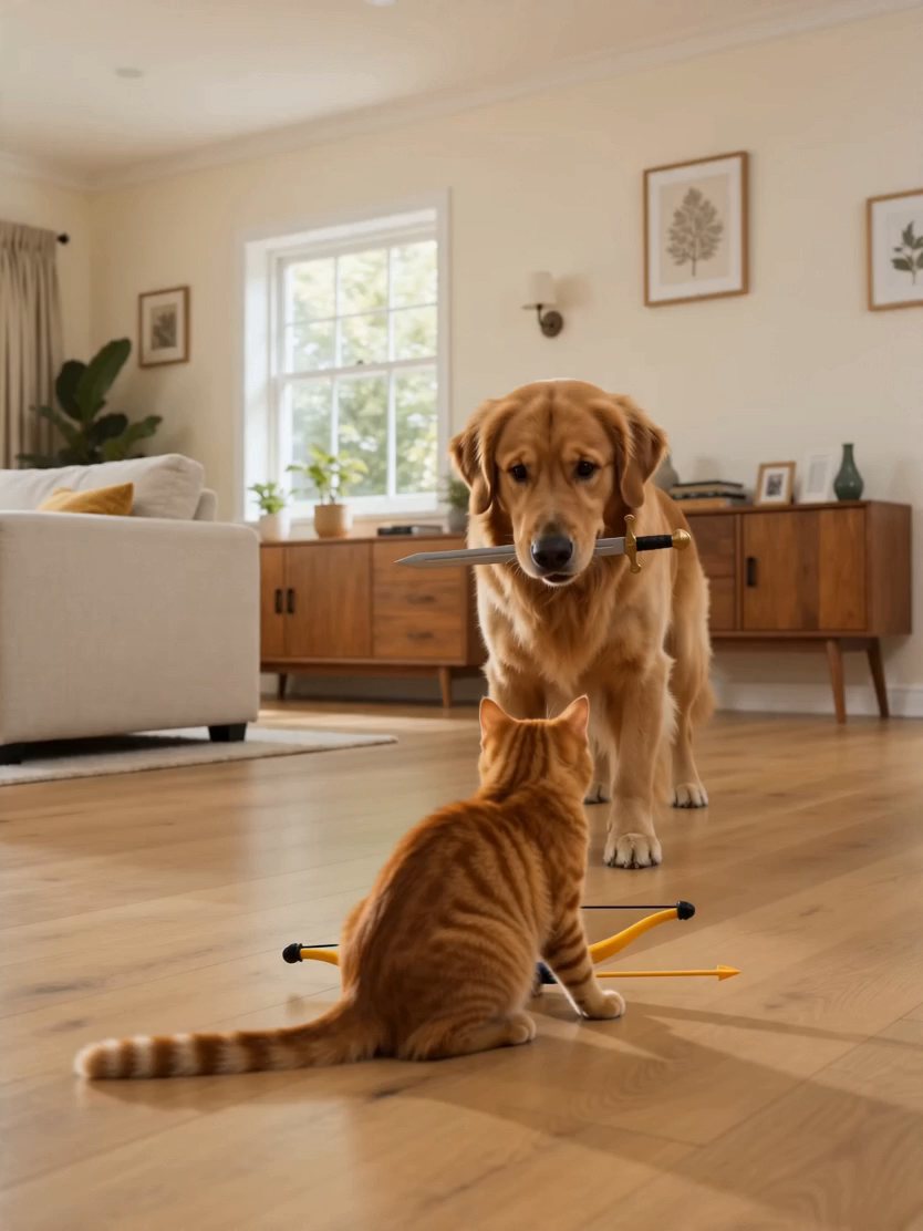 a cat and a dog having a battle with weapons