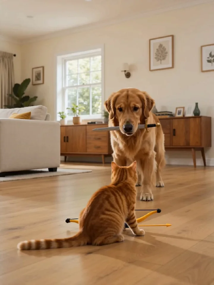 a cat and a dog having a battle with weapons