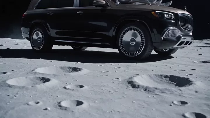 maybach suv bouncing on the moon, static, the car is bouncing up and down with alien women sitting on the bonnet, shot like a music video