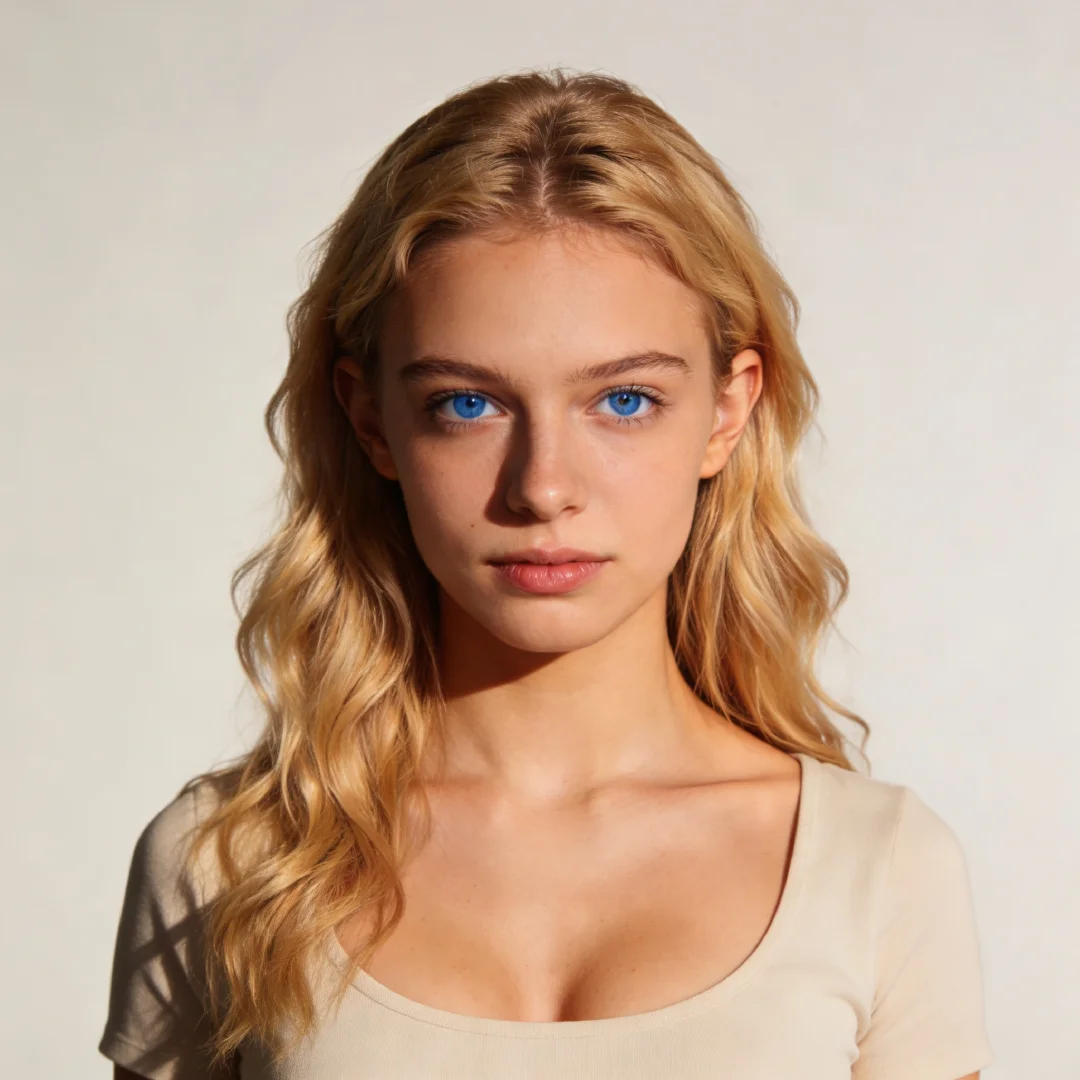 Seedream AI portrait of a woman with wavy blonde hair and blue eyes in warm light